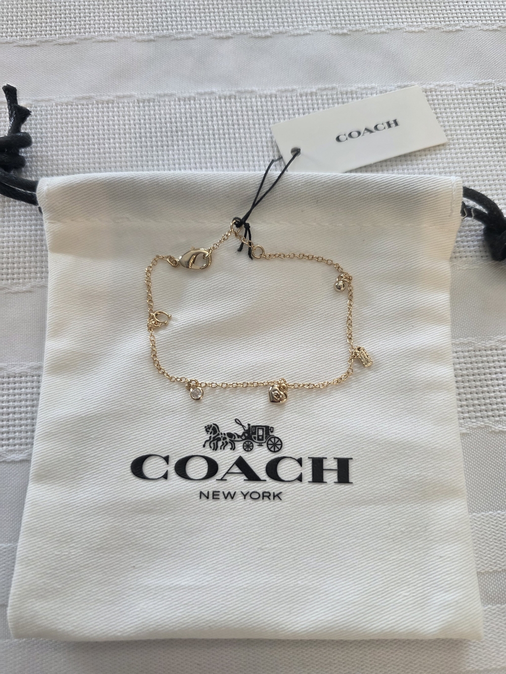 NWT- Coach 14K Gold Plated Heart Charm Bracelet with Crystal Accent